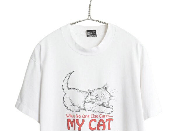 90s USA製 ネコ メッセージ イラスト プリント Tシャツ メンズ レディース L オールド キャラクター グラフィック シングルステッチ 猫 白