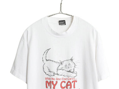 90s USA製 ネコ メッセージ イラスト プリント Tシャツ メンズ レディース L オールド キャラクター グラフィック シングルステッチ 猫 白
