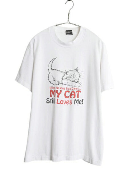 90s USA製 ネコ メッセージ イラスト プリント Tシャツ メンズ レディース L オールド キャラクター グラフィック シングルステッチ 猫 白