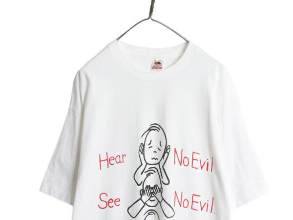 90s USA製 メッセージ キャラクター イラスト プリント Tシャツ メンズ レディース XXL / 古着 オールド シングルステッチ 大きいサイズ 白