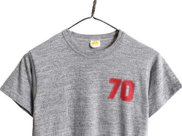 70s USA製 ラッセル ナンバリング プリント Tシャツ S 小さめ メンズ レディース XS 古着 RUSSELL ヴィンテージ 初期 金タグ 霜降り グレー