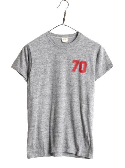 70s USA製 ラッセル ナンバリング プリント Tシャツ S 小さめ メンズ レディース XS 古着 RUSSELL ヴィンテージ 初期 金タグ 霜降り グレー