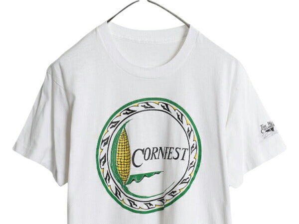 80s コーン アート イラスト プリント Tシャツ メンズ M 程/ ヴィンテージ グラフィック シングルステッチ カットソー 当時物 白 シンプル