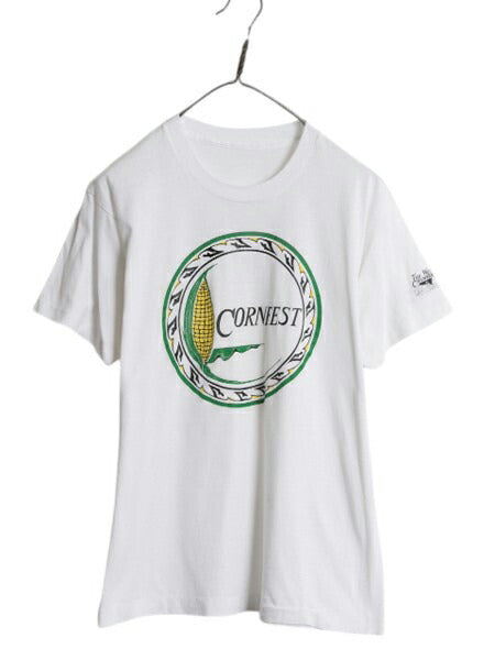 80s コーン アート イラスト プリント Tシャツ メンズ M 程/ ヴィンテージ グラフィック シングルステッチ カットソー 当時物 白 シンプル