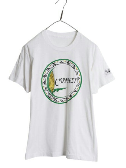 80s コーン アート イラスト プリント Tシャツ メンズ M 程/ ヴィンテージ グラフィック シングルステッチ カットソー 当時物 白 シンプル