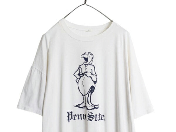 80s USA製 カレッジ キャラクター イラスト プリント Tシャツ メンズ 2XL 程 ヴィンテージ 大きいサイズ グラフィック シングルステッチ 白