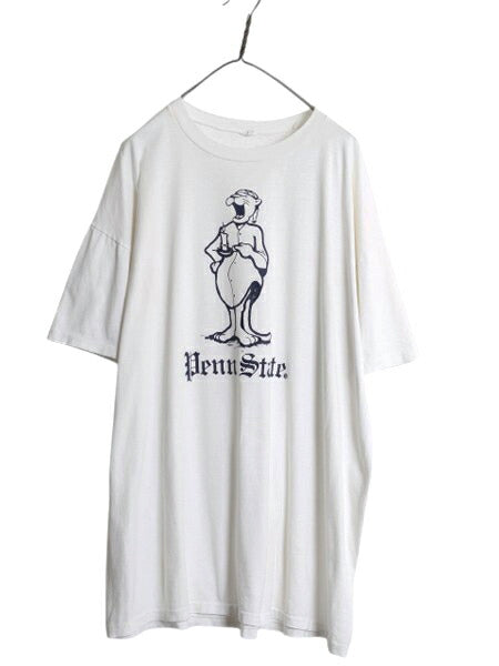80s USA製 カレッジ キャラクター イラスト プリント Tシャツ メンズ 2XL 程 ヴィンテージ 大きいサイズ グラフィック シングルステッチ 白