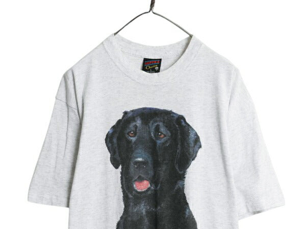 90s USA製 ドッグ アート イラスト プリント Tシャツ メンズ レディース L アニマル 犬 シングルステッチ ヘビーウェイト キャラクター 灰