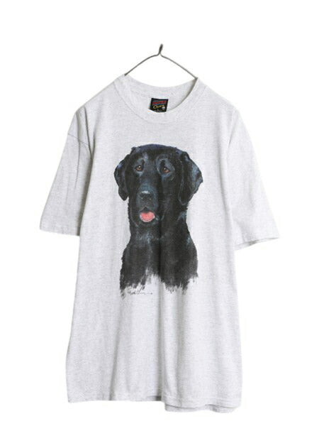 90s USA製 ドッグ アート イラスト プリント Tシャツ メンズ レディース L アニマル 犬 シングルステッチ ヘビーウェイト キャラクター 灰