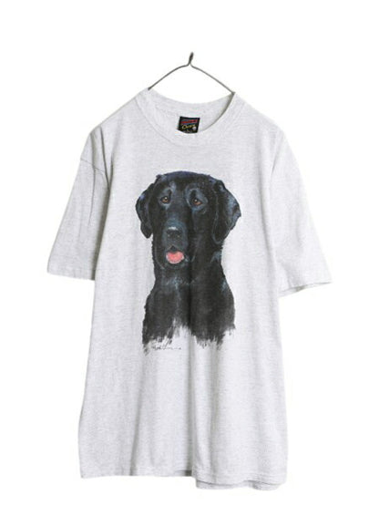 90s USA製 ドッグ アート イラスト プリント Tシャツ メンズ レディース L アニマル 犬 シングルステッチ ヘビーウェイト キャラクター 灰