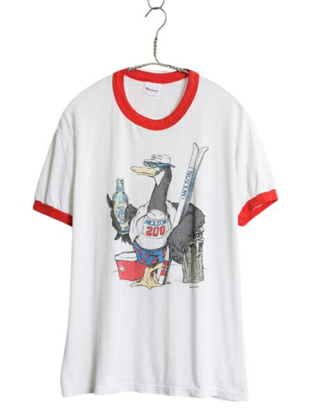 80s USA製 企業物 イラスト プリント リンガー Tシャツ メンズ XL 小さめ L / 古着 ヴィンテージ ビール アニマル キャラクター ガチョウ