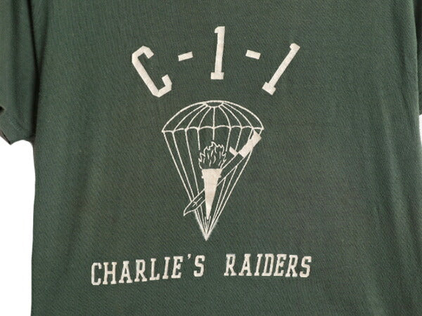 60s USA製 Valcan C-1-1 プリント Tシャツ M 小さめ S / ヴィンテージ 軍物 当時物 ミリタリー 空軍 パラシュート シングルステッチ カーキ