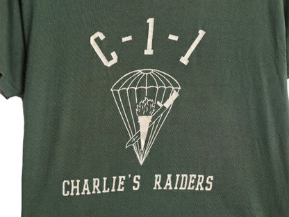 60s USA製 Valcan C-1-1 プリント Tシャツ M 小さめ S / ヴィンテージ 軍物 当時物 ミリタリー 空軍 パラシュート シングルステッチ カーキ