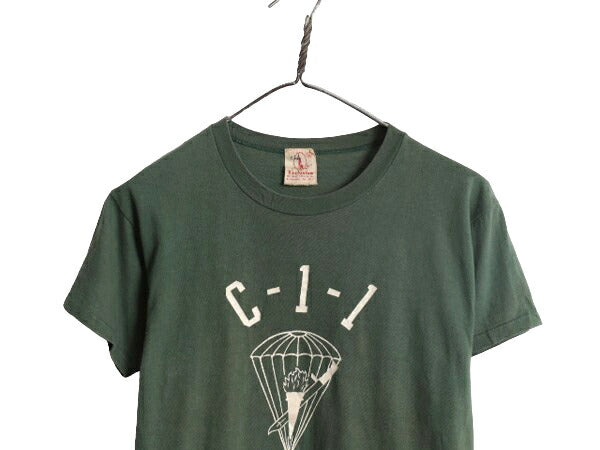 60s USA製 Valcan C-1-1 プリント Tシャツ M 小さめ S / ヴィンテージ 軍物 当時物 ミリタリー 空軍 パラシュート シングルステッチ カーキ