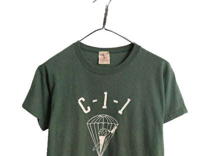 60s USA製 Valcan C-1-1 プリント Tシャツ M 小さめ S / ヴィンテージ 軍物 当時物 ミリタリー 空軍 パラシュート シングルステッチ カーキ