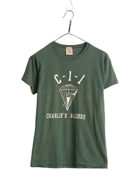 60s USA製 Valcan C-1-1 プリント Tシャツ M 小さめ S / ヴィンテージ 軍物 当時物 ミリタリー 空軍 パラシュート シングルステッチ カーキ