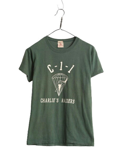 60s USA製 Valcan C-1-1 プリント Tシャツ M 小さめ S / ヴィンテージ 軍物 当時物 ミリタリー 空軍 パラシュート シングルステッチ カーキ