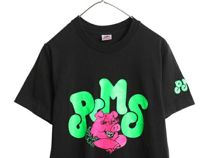 90s USA製 ブタ キャラクター イラスト 3面 プリント Tシャツ メンズ レディース S 古着 オールド アニマル キャラクター グラフィック 黒