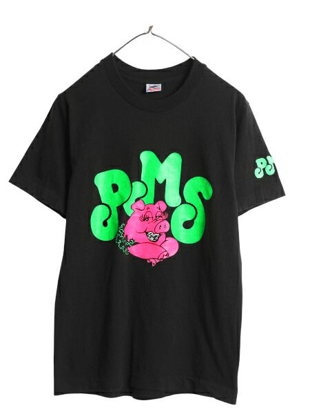 90s USA製 ブタ キャラクター イラスト 3面 プリント Tシャツ メンズ レディース S 古着 オールド アニマル キャラクター グラフィック 黒