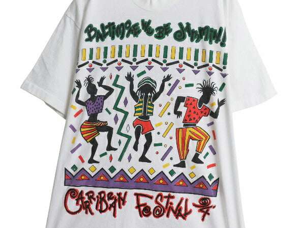90s USA製 レゲエ イラスト プリント Tシャツ メンズ L / 古着 オールド グラフィック アート ラスタ フェス キャラクター 当時物 白