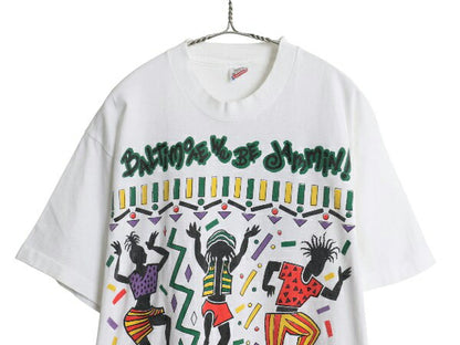 90s USA製 レゲエ イラスト プリント Tシャツ メンズ L / 古着 オールド グラフィック アート ラスタ フェス キャラクター 当時物 白