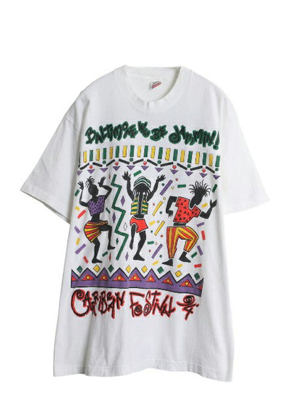 90s USA製 レゲエ イラスト プリント Tシャツ メンズ L / 古着 オールド グラフィック アート ラスタ フェス キャラクター 当時物 白