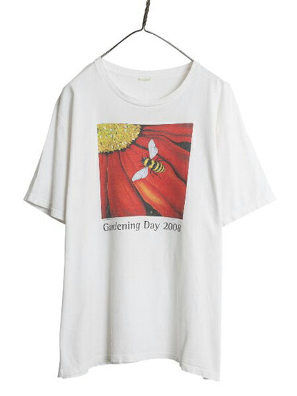 00s ミツバチ アート イラスト プリント Tシャツ メンズ XL 程 オールド アニマル フラワー グラフィック ヘビーウェイト 大きいサイズ 白