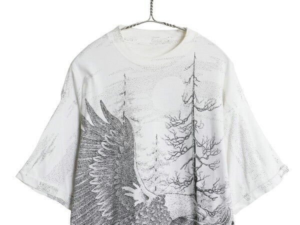 90s イーグル オールオーバー イラスト 染込み プリント Tシャツ メンズ XL 古着 オールド アニマル アート グラフィック 大きいサイズ 白