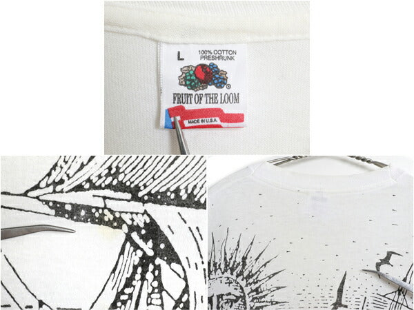 90s USA製 オールオーバー イラスト プリント Tシャツ メンズ L 古着 オールド アート グラフィック ヘビーウェイト シングルステッチ 白
