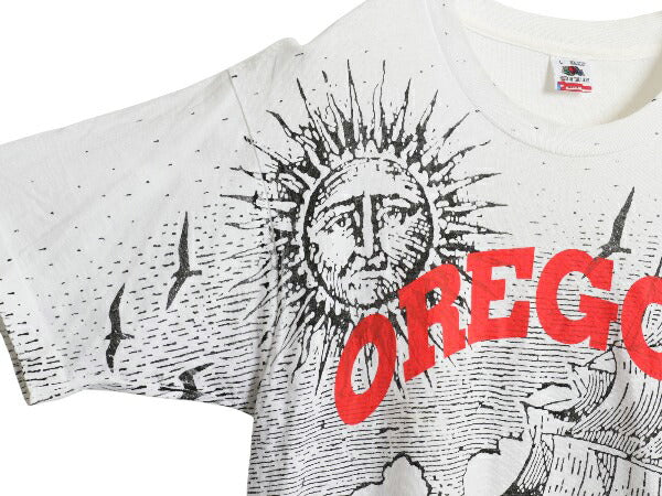 90s USA製 オールオーバー イラスト プリント Tシャツ メンズ L 古着 オールド アート グラフィック ヘビーウェイト シングルステッチ 白