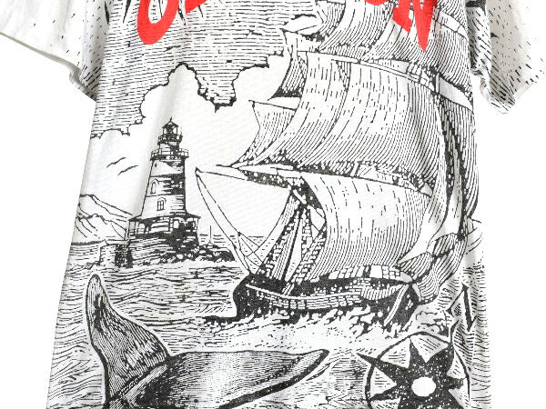 90s USA製 オールオーバー イラスト プリント Tシャツ メンズ L 古着 オールド アート グラフィック ヘビーウェイト シングルステッチ 白