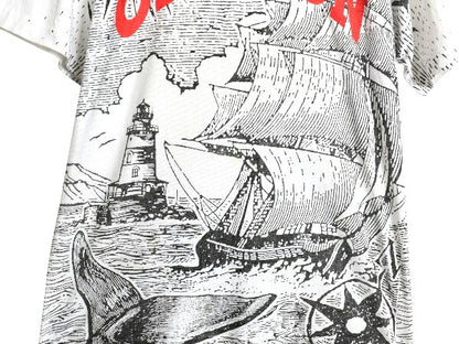 90s USA製 オールオーバー イラスト プリント Tシャツ メンズ L 古着 オールド アート グラフィック ヘビーウェイト シングルステッチ 白