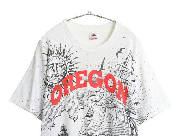 90s USA製 オールオーバー イラスト プリント Tシャツ メンズ L 古着 オールド アート グラフィック ヘビーウェイト シングルステッチ 白