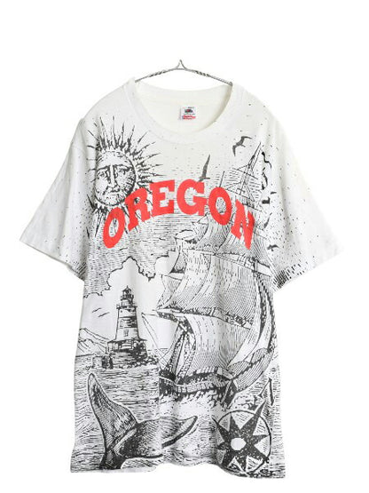 90s USA製 オールオーバー イラスト プリント Tシャツ メンズ L 古着 オールド アート グラフィック ヘビーウェイト シングルステッチ 白