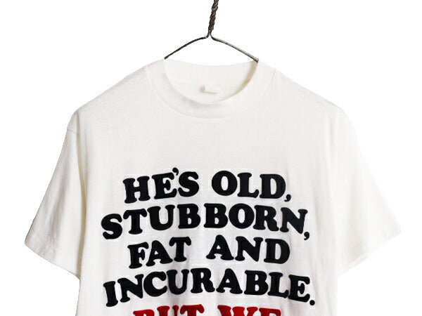 デッドストック 80s メッセージ 6段 フロッキー プリント Tシャツ メンズ L 小さめ M ジョーク ヴィンテージ シングルステッチ 両面 未使用