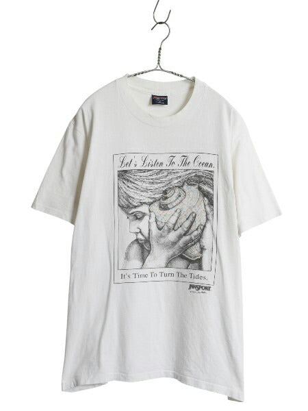 90s USA製 ジャンスポーツ アート イラスト プリント Tシャツ メンズ L オールド メッセージ グラフィック シングルステッチ アウトドア 白
