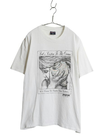 90s USA製 ジャンスポーツ アート イラスト プリント Tシャツ メンズ L オールド メッセージ グラフィック シングルステッチ アウトドア 白