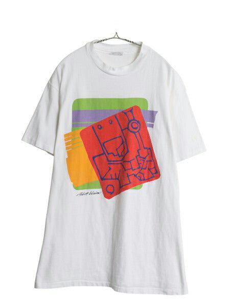 80s USA製 企業物 アート イラスト プリント Tシャツ メンズ XL / ヴィンテージ シングルステッチ ヘビーウェイト 大きいサイズ 当時物 白