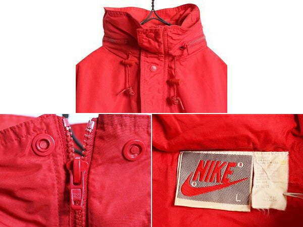 90s ナイキ ハーフジップ ナイロン ジャケット メンズ L / 古着 NIKE 初期 銀タグ オールド プルオーバー 収納フード スウッシュ 赤 当時物