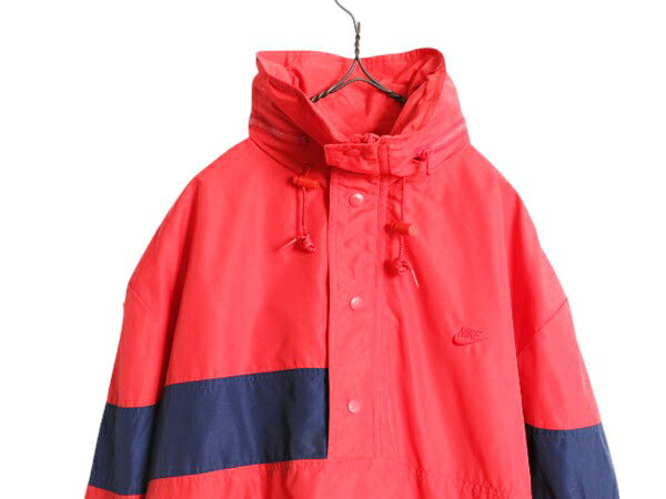 90s ナイキ ハーフジップ ナイロン ジャケット メンズ L / 古着 NIKE 初期 銀タグ オールド プルオーバー 収納フード スウッシュ 赤 当時物