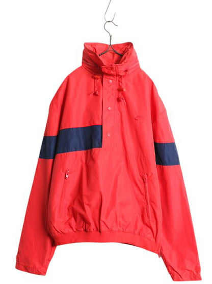 90s ナイキ ハーフジップ ナイロン ジャケット メンズ L / 古着 NIKE 初期 銀タグ オールド プルオーバー 収納フード スウッシュ 赤 当時物