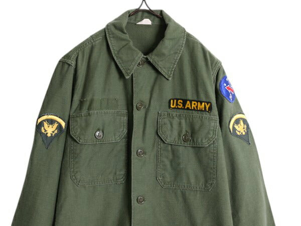 60s 米軍実物 US ARMY コットン サテン ユーティリティ シャツ メンズ S 程 ヴィンテージ ミリタリー 軍物 筒袖 3rd OG107 アーミー カーキ