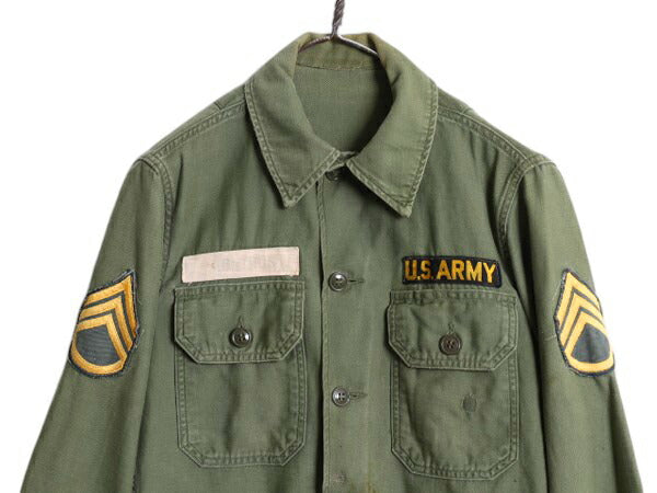 60s 米軍実物 US ARMY コットン サテン ユーティリティ シャツ メンズ S 程 / 65年製 ヴィンテージ ミリタリー 筒袖 3rd OG107 フルパッチ