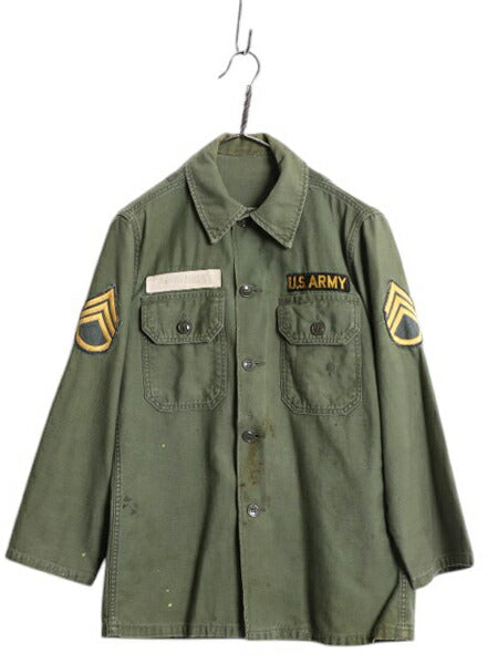 60s 米軍実物 US ARMY コットン サテン ユーティリティ シャツ メンズ S 程 / 65年製 ヴィンテージ ミリタリー 筒袖 3rd OG107 フルパッチ