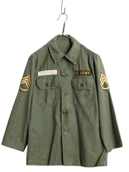 60s 米軍実物 US ARMY コットン サテン ユーティリティ シャツ メンズ S 程 / 65年製 ヴィンテージ ミリタリー 筒袖 3rd OG107 フルパッチ
