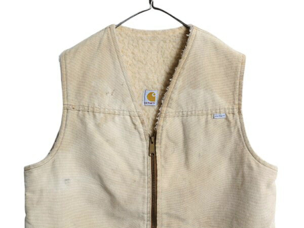 好雰囲気 80s USA製 カーハート 裏 ボア ダック ベスト メンズ L ヴィンテージ CARHARTT パイル フリース ワーク フルジップ 前開き 重ね着