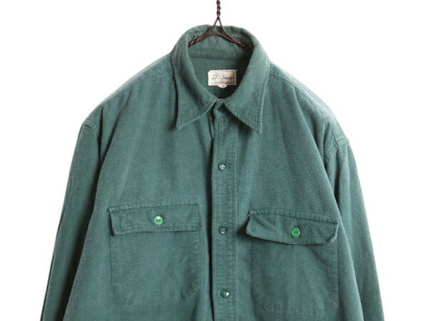 60s 筆記体タグ エルエルビーン コットン シャモア クロス シャツ メンズ L 程/ ヴィンテージ LLBean 長袖シャツ ネルシャツ フランネル 緑