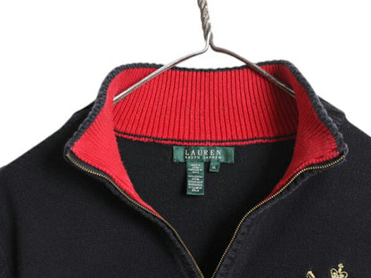 00s LAUREN ラルフローレン ハーフジップ コットン ニット セーター レディース XL 小さめ 古着 オールド ポロ プルオーバー ハイネック 黒