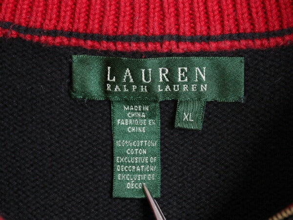 00s LAUREN ラルフローレン ハーフジップ コットン ニット セーター レディース XL 小さめ 古着 オールド ポロ プルオーバー ハイネック 黒