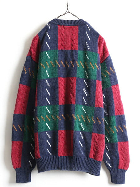 80s 90s 大きいサイズ XL ■ST JOHN'S BAY コットン ニット セーター ( メンズ ) JCペニー セントジョンズベイ パネル バーズアイ オールド